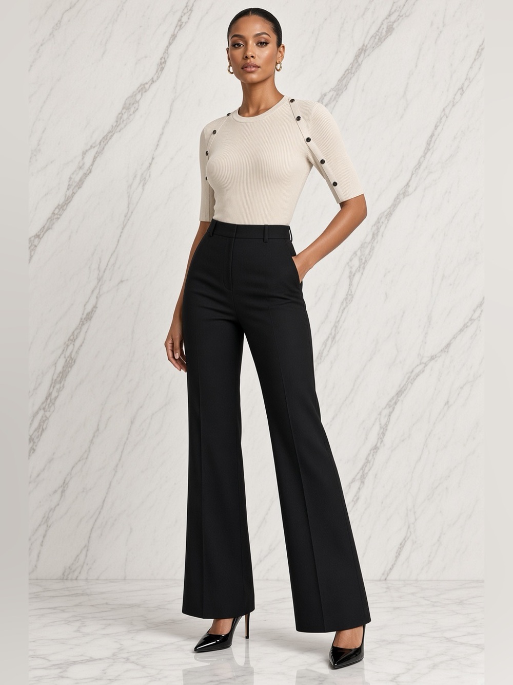 BOSS Cream Ribbed Short-Sleeve Top with Button Trim